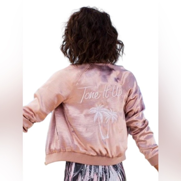 Tone It Up Pink Satin Bomber Jacket. Front Zip. Mob Wife. Palm trees. LARGE - Picture 2 of 16